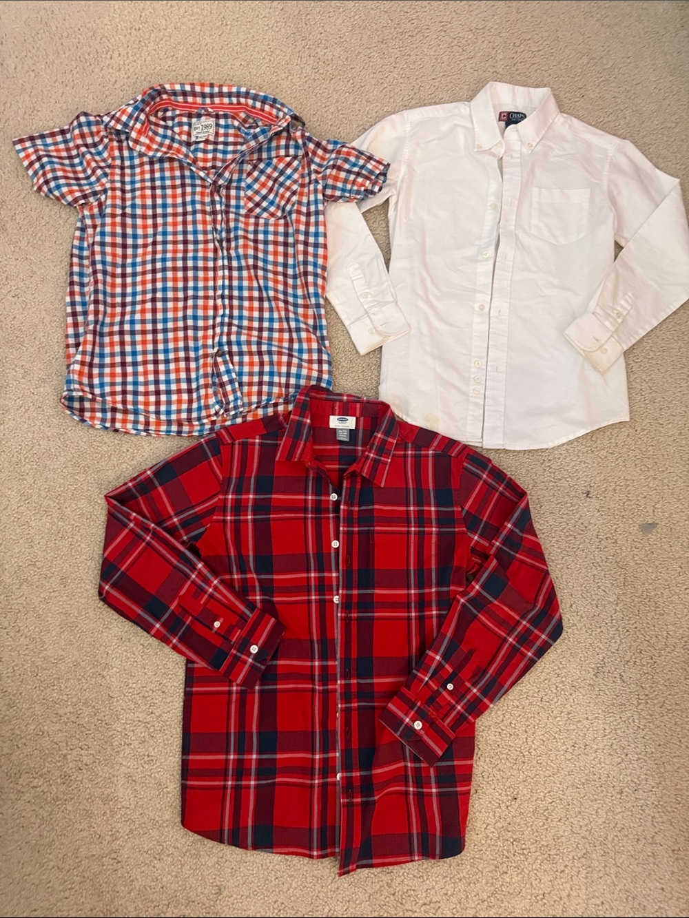 3 Boy Button Down Shirts-White, Orange/Blue and Red/Blue Plaid. Different brands